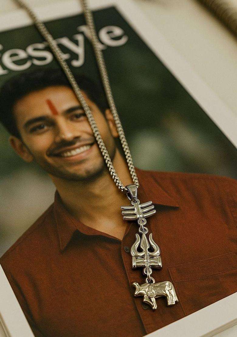 Silver-Plated Geometric Pendants with Chains for Men & Women | Traditional Temple Jewellery for Wedding & Festive Wear | Festive Gift - Indya