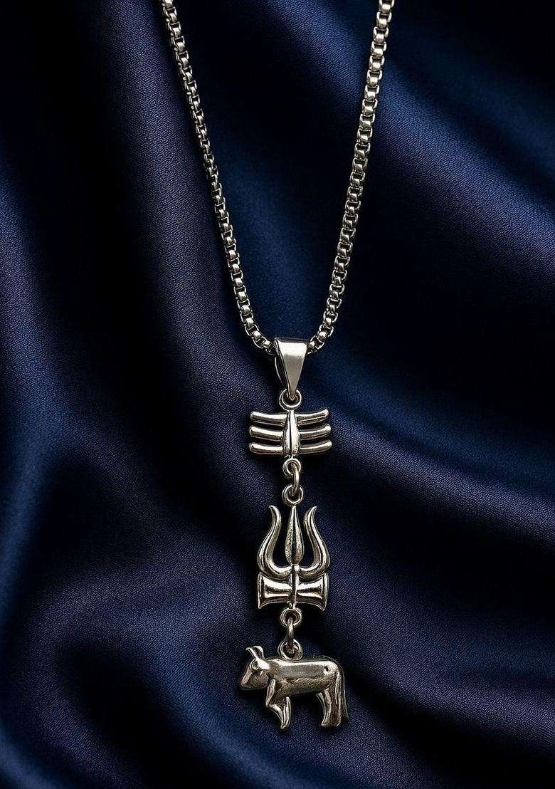 Silver-Plated Geometric Pendants with Chains for Men & Women | Traditional Temple Jewellery for Wedding & Festive Wear | Festive Gift - Indya