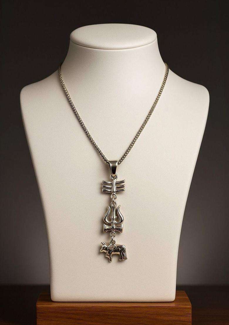Silver-Plated Geometric Pendants with Chains for Men & Women | Traditional Temple Jewellery for Wedding & Festive Wear | Festive Gift - Indya