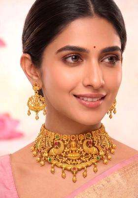Gold-Plated Temple Stone-Studded Necklace and Earrings for Women | Traditional Temple Jewellery for Wedding & Festive Wear | Gift for Her
