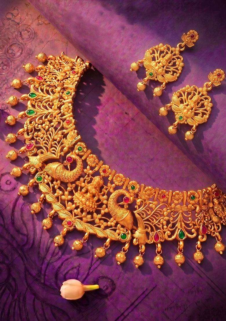Gold-Plated Temple Stone-Studded Necklace and Earrings for Women | Traditional Temple Jewellery for Wedding & Festive Wear | Gift for Her - Indya
