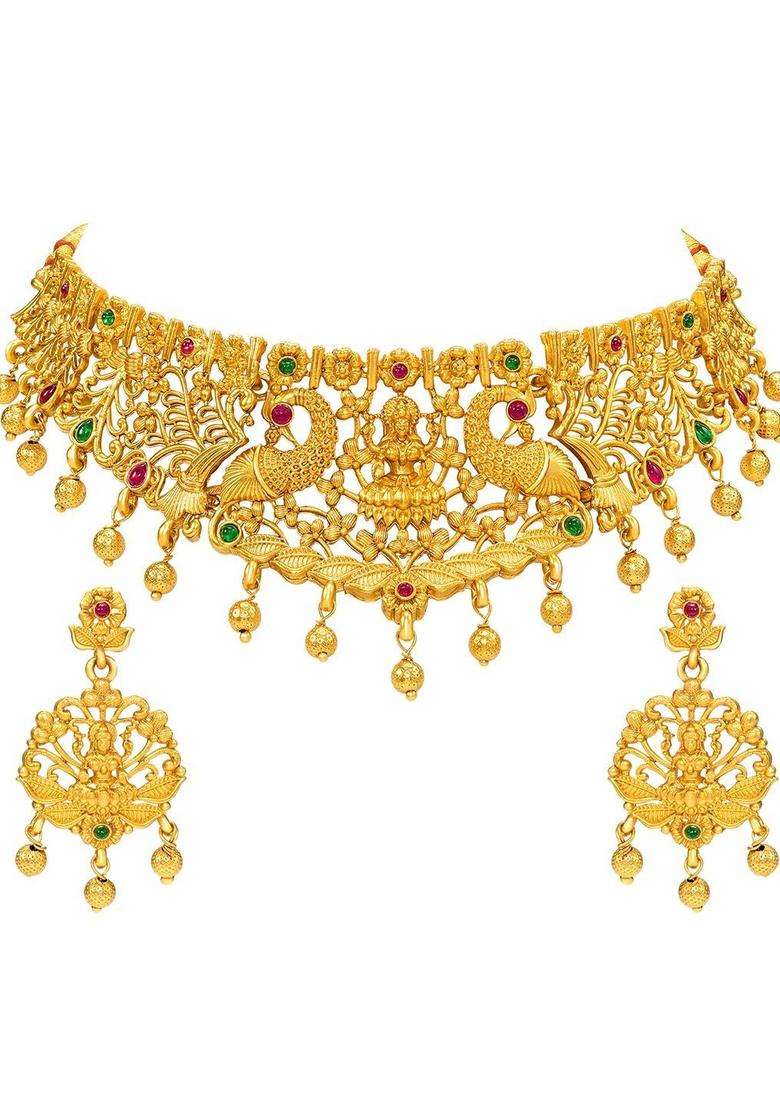 Gold-Plated Temple Stone-Studded Necklace and Earrings for Women | Traditional Temple Jewellery for Wedding & Festive Wear | Gift for Her - Indya