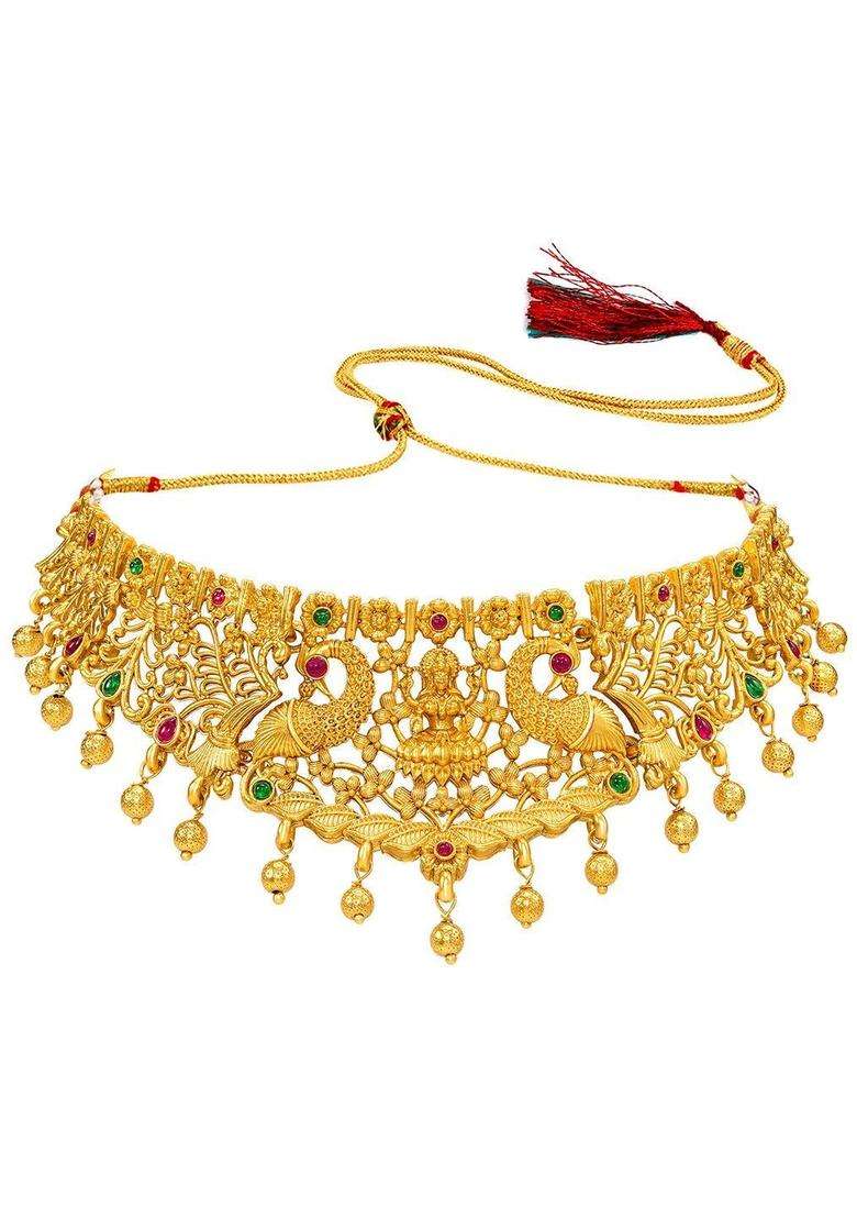 Gold-Plated Temple Stone-Studded Necklace and Earrings for Women | Traditional Temple Jewellery for Wedding & Festive Wear | Gift for Her - Indya