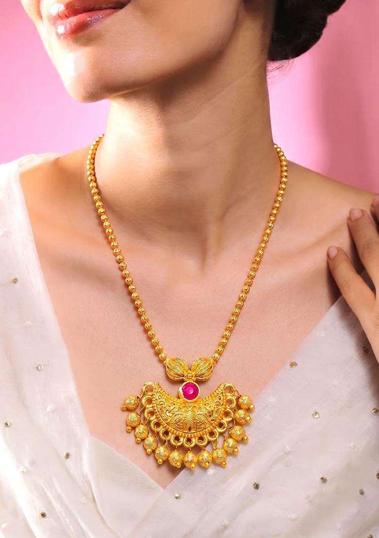 Copper Gold-Plated Temple Necklace with Ruby Stone for Women | Traditional Temple Jewellery for Wedding & Festive Wear | Gift for Her - Indya