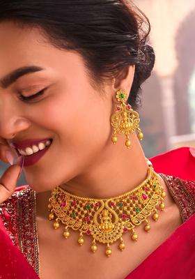 Gold-Plated Temple Stone-Studded Necklace and Earrings for Women | Traditional Temple Jewellery for Wedding & Festive Wear | Gift for Her