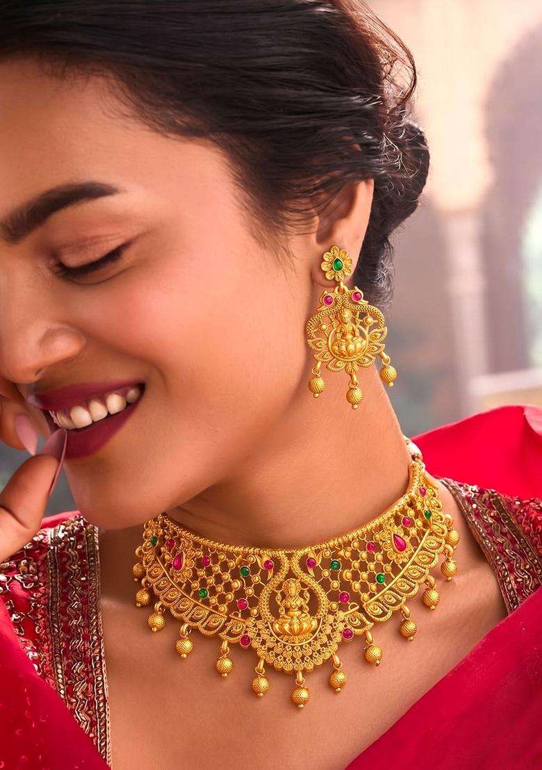 Gold-Plated Temple Stone-Studded Necklace and Earrings for Women | Traditional Temple Jewellery for Wedding & Festive Wear | Gift for Her - Indya