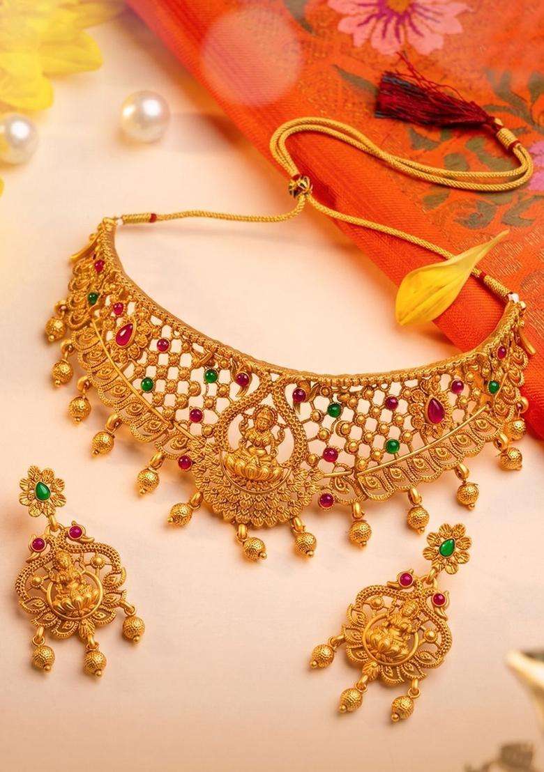 Gold-Plated Temple Stone-Studded Necklace and Earrings for Women | Traditional Temple Jewellery for Wedding & Festive Wear | Gift for Her - Indya