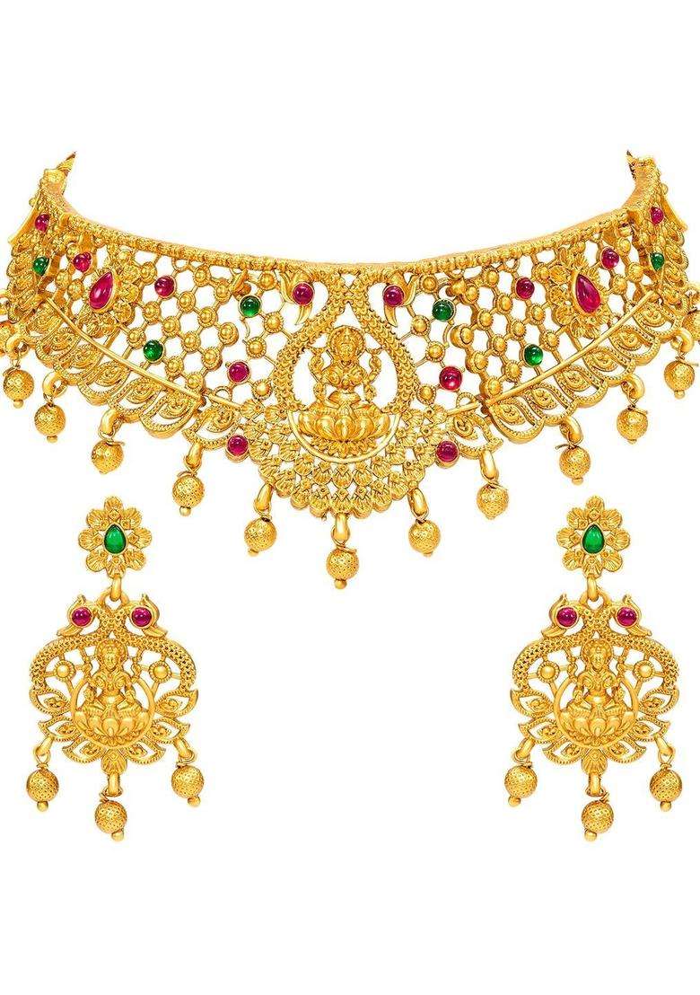 Gold-Plated Temple Stone-Studded Necklace and Earrings for Women | Traditional Temple Jewellery for Wedding & Festive Wear | Gift for Her - Indya