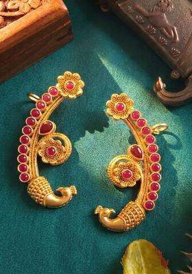 Gold-Plated Peacock Shaped Ear Cuff Earrings with Ruby Stone for Women | Traditional Temple Jewellery for Wedding & Festive Wear | Gift for Her