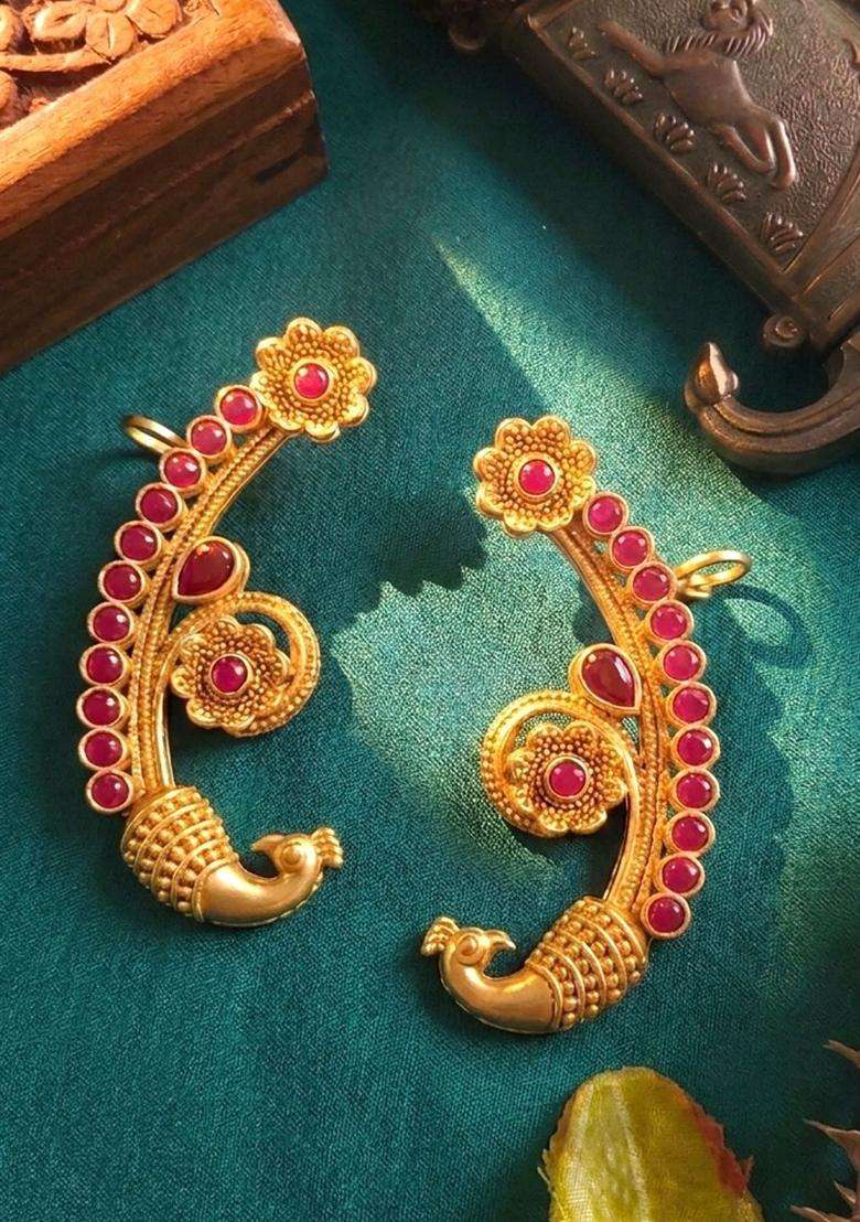 Gold-Plated Peacock Shaped Ear Cuff Earrings with Ruby Stone for Women | Traditional Temple Jewellery for Wedding & Festive Wear | Gift for Her - Indya
