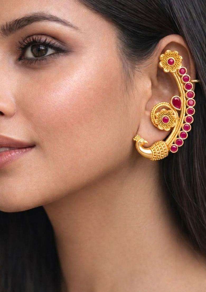 Gold-Plated Peacock Shaped Ear Cuff Earrings with Ruby Stone for Women | Traditional Temple Jewellery for Wedding & Festive Wear | Gift for Her - Indya