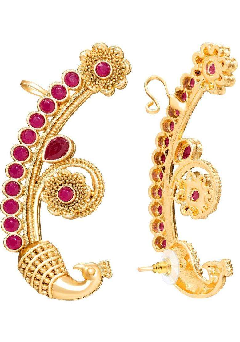 Gold-Plated Peacock Shaped Ear Cuff Earrings with Ruby Stone for Women | Traditional Temple Jewellery for Wedding & Festive Wear | Gift for Her - Indya