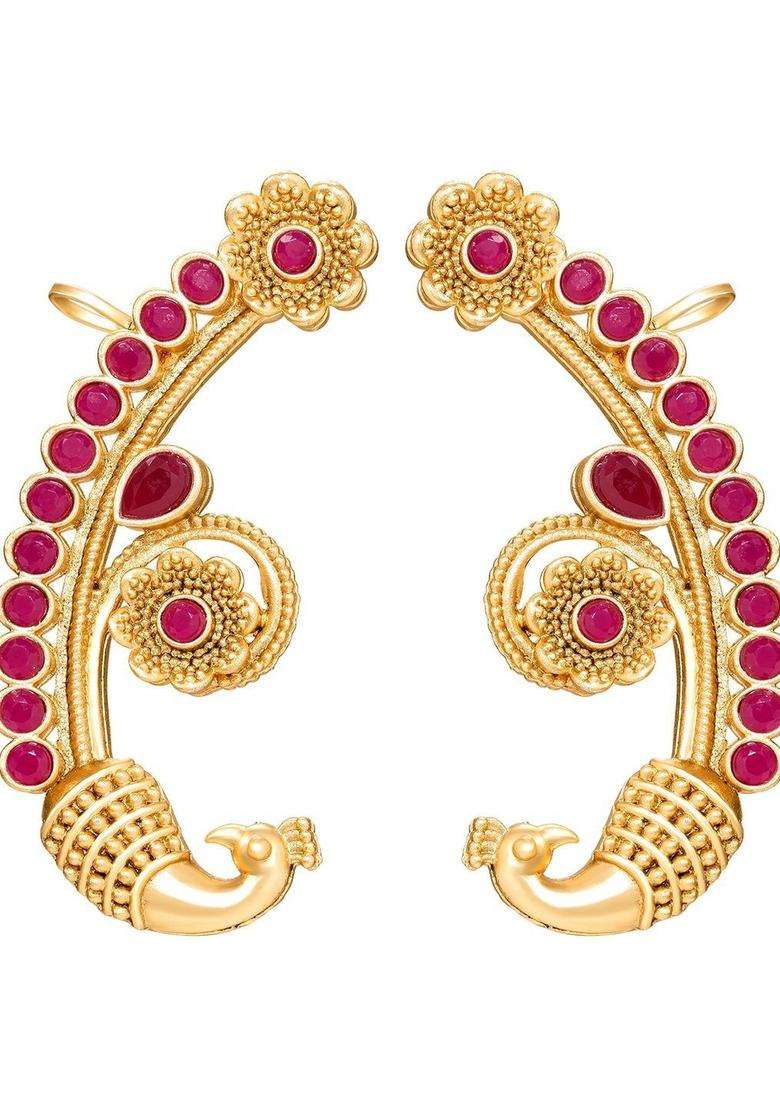 Gold-Plated Peacock Shaped Ear Cuff Earrings with Ruby Stone for Women | Traditional Temple Jewellery for Wedding & Festive Wear | Gift for Her - Indya