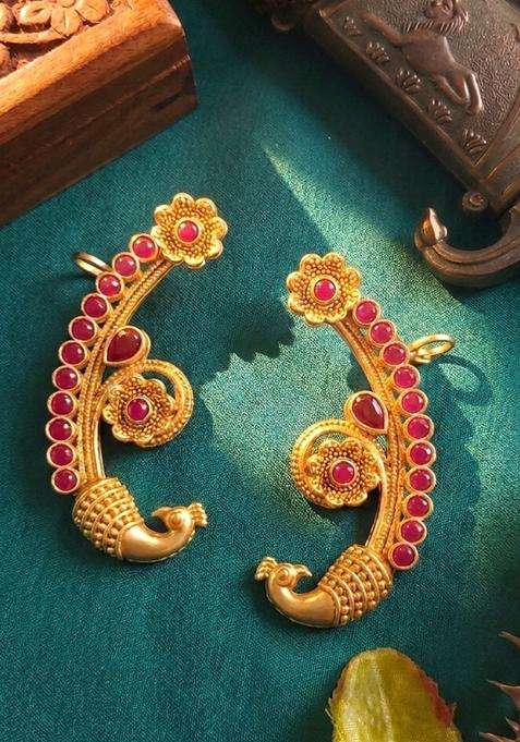 Gold-Plated Peacock Shaped Ear Cuff Earrings with Ruby Stone for Women | Traditional Temple Jewellery for Wedding & Festive Wear | Gift for Her