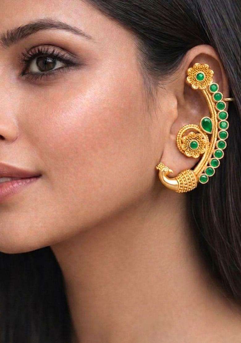 Gold-Plated Peacock Shaped Ear Cuff Earrings with Emerald Stone for Women | Traditional Temple Jewellery for Wedding & Festive Wear | Gift for Her - Indya