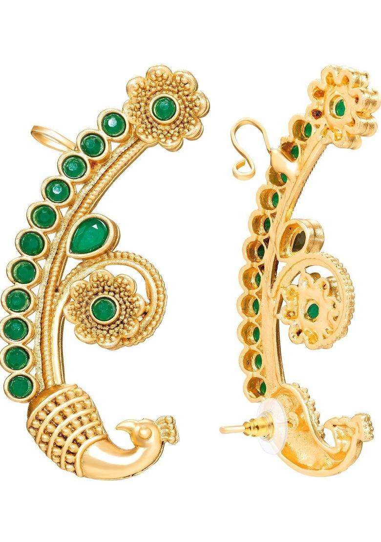 Gold-Plated Peacock Shaped Ear Cuff Earrings with Emerald Stone for Women | Traditional Temple Jewellery for Wedding & Festive Wear | Gift for Her - Indya