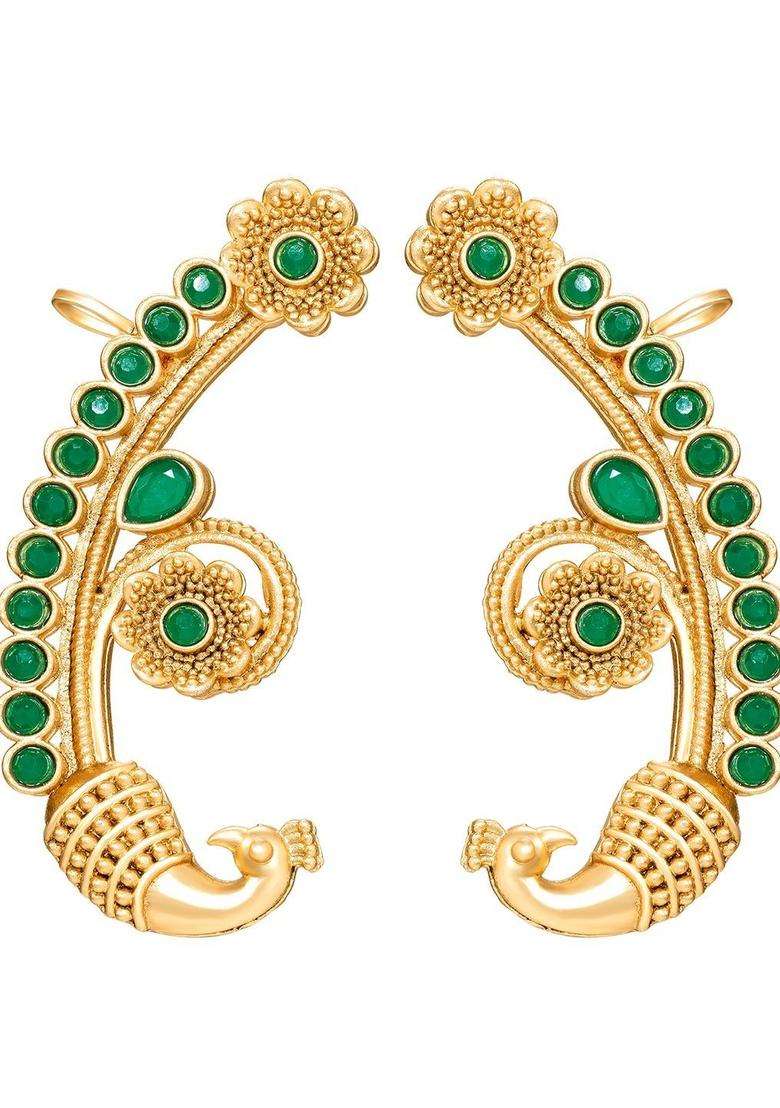Gold-Plated Peacock Shaped Ear Cuff Earrings with Emerald Stone for Women | Traditional Temple Jewellery for Wedding & Festive Wear | Gift for Her - Indya