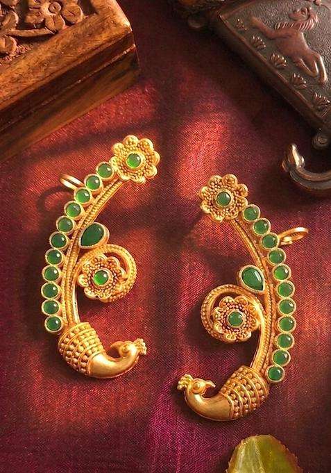 Gold-Plated Peacock Shaped Ear Cuff Earrings with Emerald Stone for Women | Traditional Temple Jewellery for Wedding & Festive Wear | Gift for Her