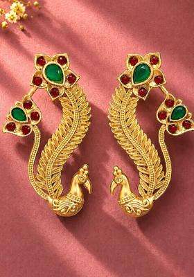 Gold-Plated Peacock Shaped Ear Cuff Earrings with Ruby Stone for Women | Traditional Temple Jewellery for Wedding & Festive Wear | Gift for Her