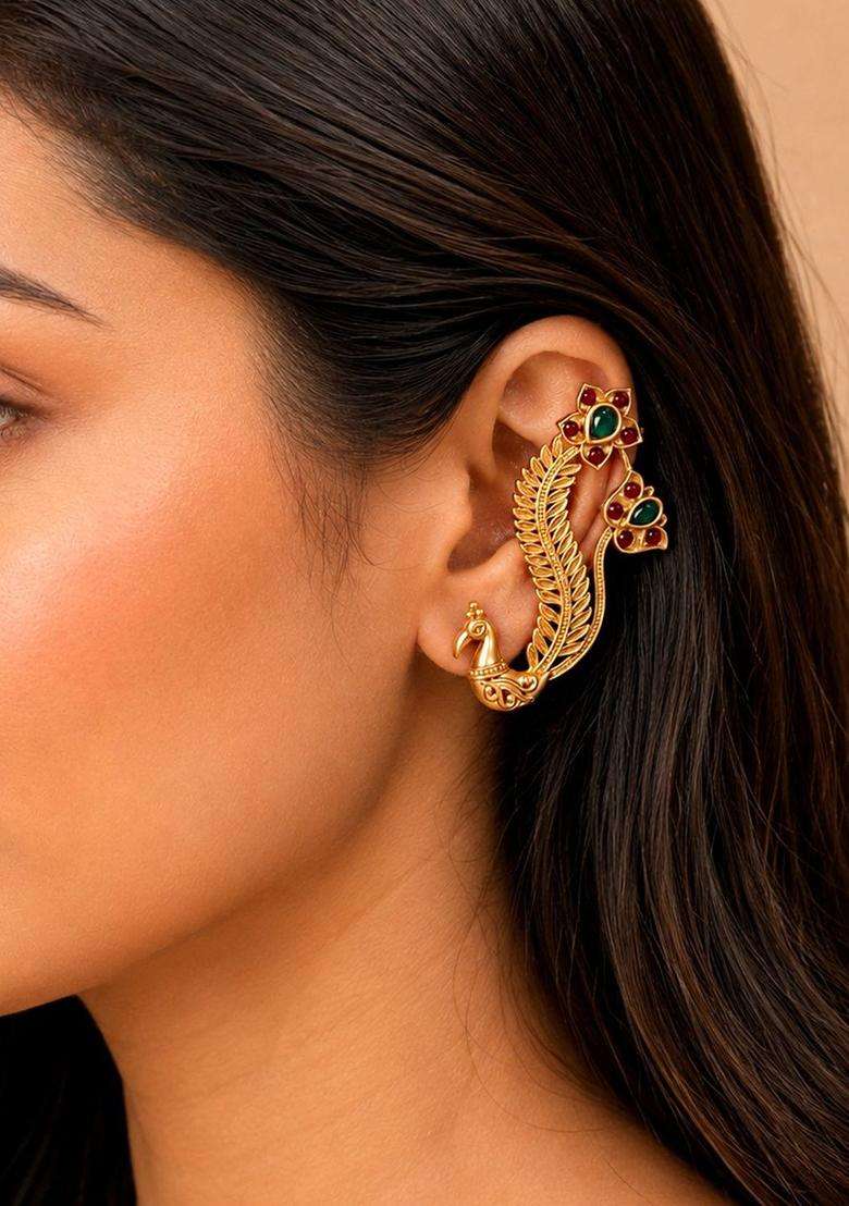 Gold-Plated Peacock Shaped Ear Cuff Earrings with Ruby Stone for Women | Traditional Temple Jewellery for Wedding & Festive Wear | Gift for Her - Indya