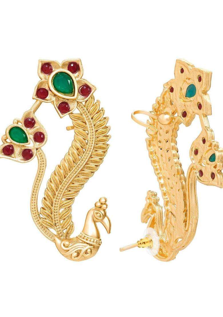 Gold-Plated Peacock Shaped Ear Cuff Earrings with Ruby Stone for Women | Traditional Temple Jewellery for Wedding & Festive Wear | Gift for Her - Indya