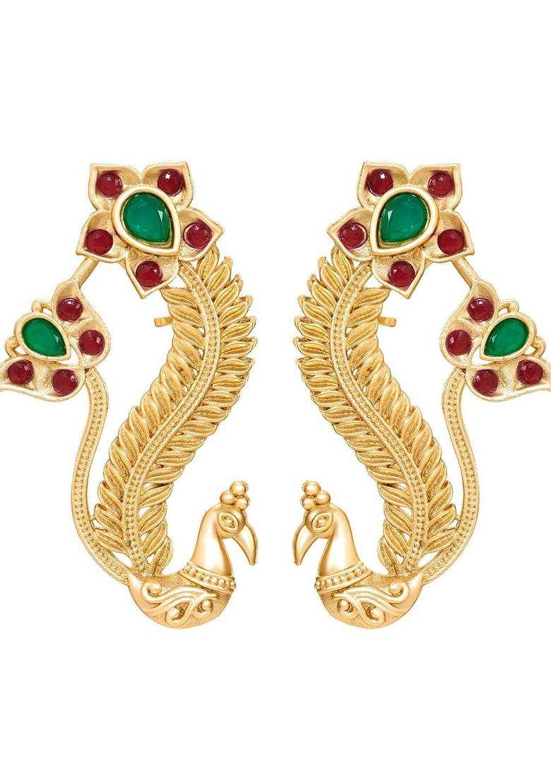 Gold-Plated Peacock Shaped Ear Cuff Earrings with Ruby Stone for Women | Traditional Temple Jewellery for Wedding & Festive Wear | Gift for Her - Indya