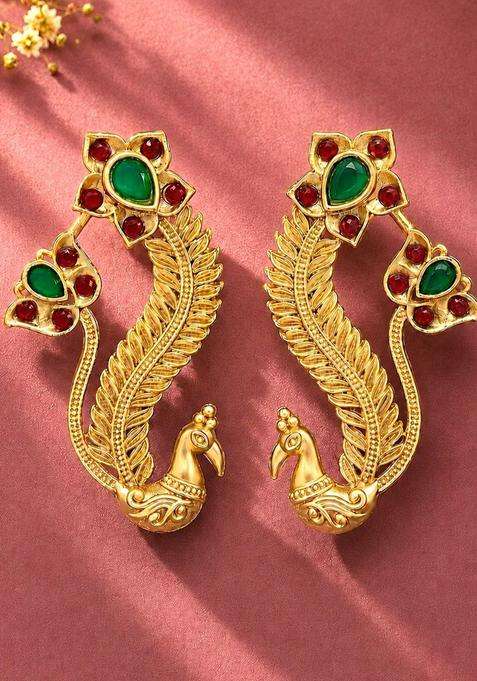 Gold-Plated Peacock Shaped Ear Cuff Earrings with Ruby Stone for Women | Traditional Temple Jewellery for Wedding & Festive Wear | Gift for Her