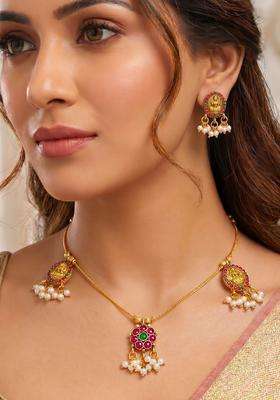 Gold-Plated Temple Stone-Studded Necklace and Earrings for Women | Traditional Temple Jewellery for Wedding & Festive Wear | Gift for Her
