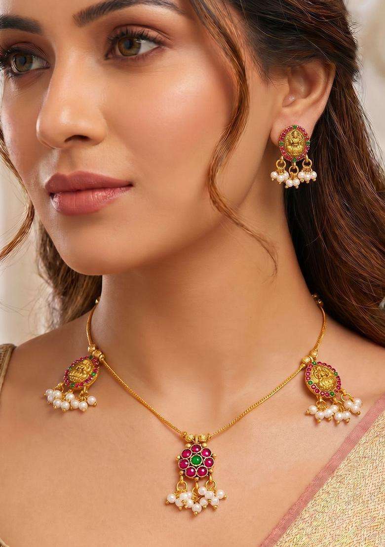 Gold-Plated Temple Stone-Studded Necklace and Earrings for Women | Traditional Temple Jewellery for Wedding & Festive Wear | Gift for Her - Indya