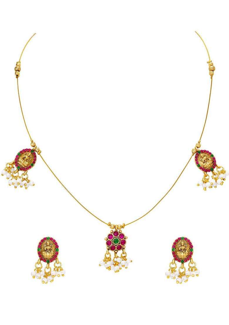 Gold-Plated Temple Stone-Studded Necklace and Earrings for Women | Traditional Temple Jewellery for Wedding & Festive Wear | Gift for Her - Indya