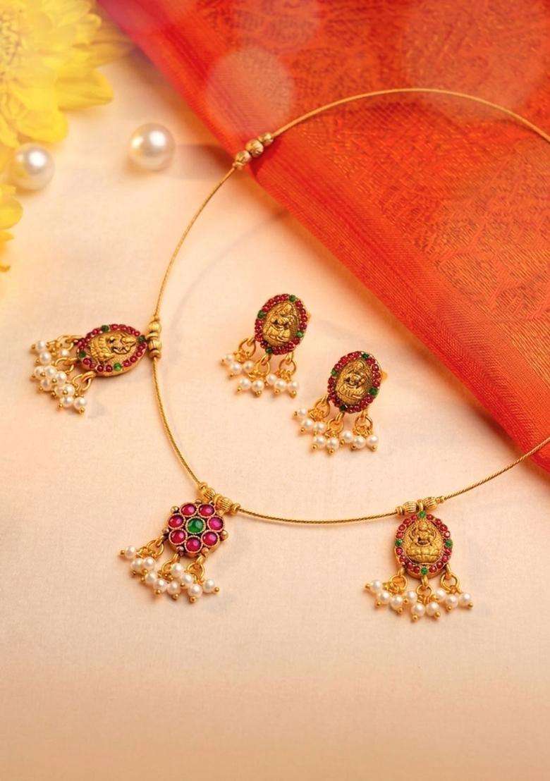 Gold-Plated Temple Stone-Studded Necklace and Earrings for Women | Traditional Temple Jewellery for Wedding & Festive Wear | Gift for Her - Indya