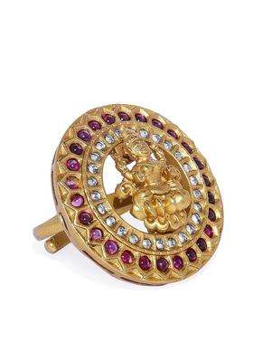 Gold-Plated & Red CZ Studded Temple Adjustable Finger Ring for Women | Traditional Temple Jewellery for Wedding & Festive Wear | Gift for Her