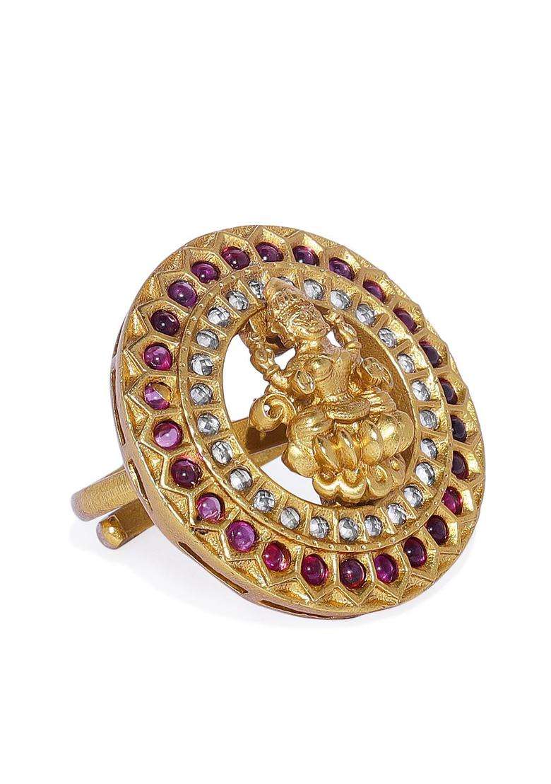 Gold-Plated & Red CZ Studded Temple Adjustable Finger Ring for Women | Traditional Temple Jewellery for Wedding & Festive Wear | Gift for Her - Indya