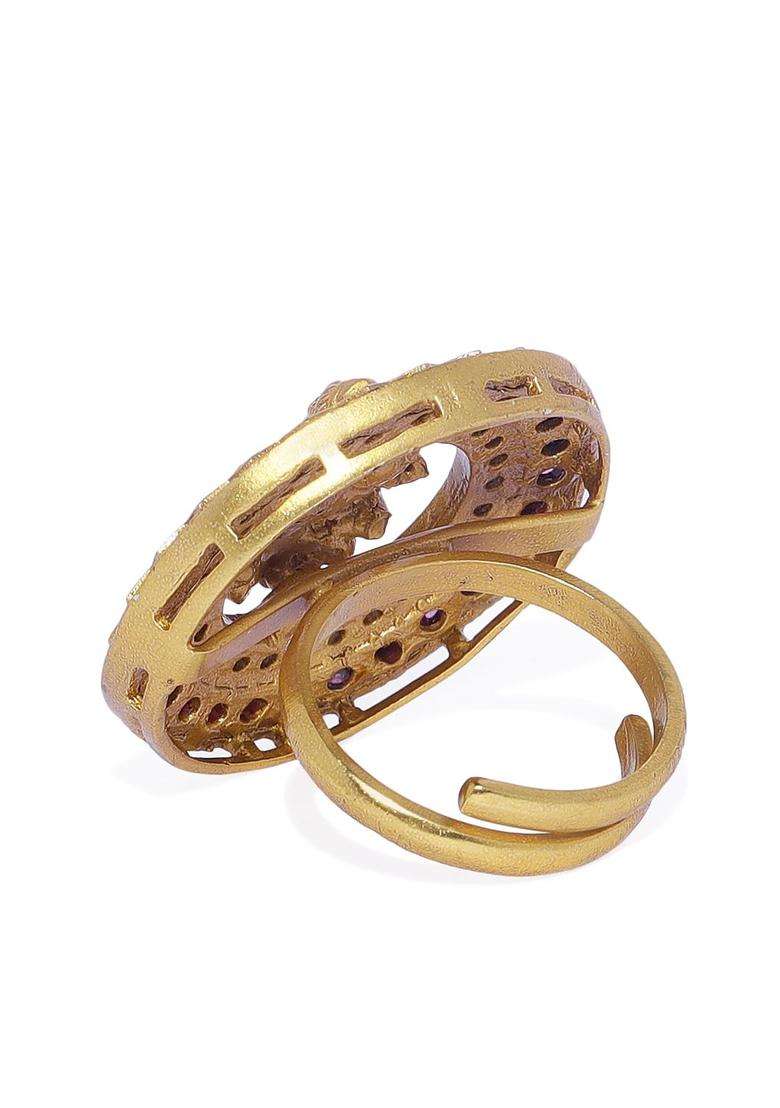 Gold-Plated & Red CZ Studded Temple Adjustable Finger Ring for Women | Traditional Temple Jewellery for Wedding & Festive Wear | Gift for Her - Indya