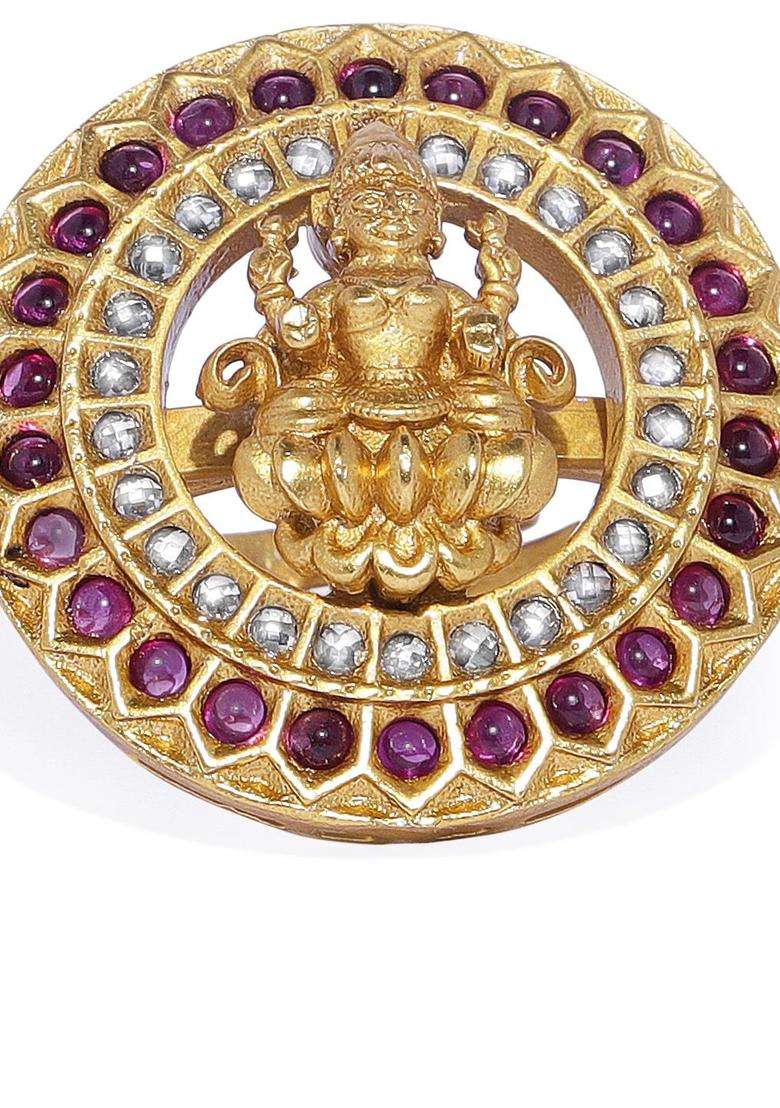 Gold-Plated & Red CZ Studded Temple Adjustable Finger Ring for Women | Traditional Temple Jewellery for Wedding & Festive Wear | Gift for Her - Indya