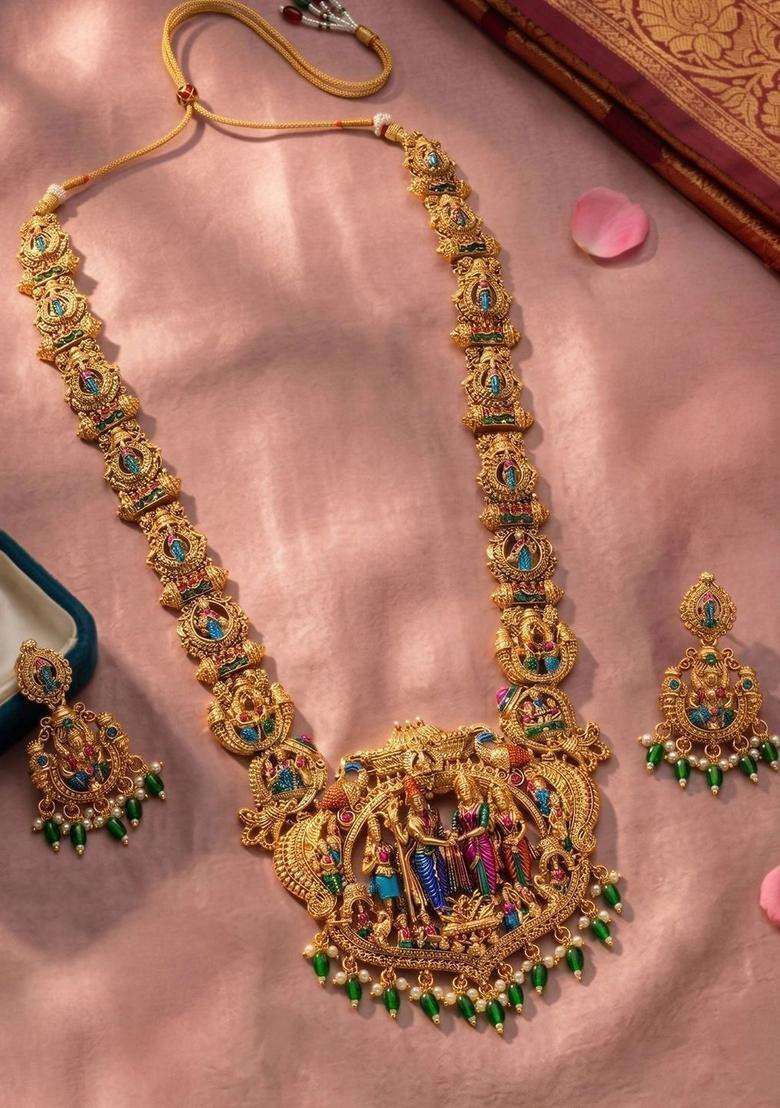 Gold-Plated Temple Beaded Necklace and Earrings with Pearl for Women | Traditional Temple Jewellery for Wedding & Festive Wear | Gift for Her - Indya