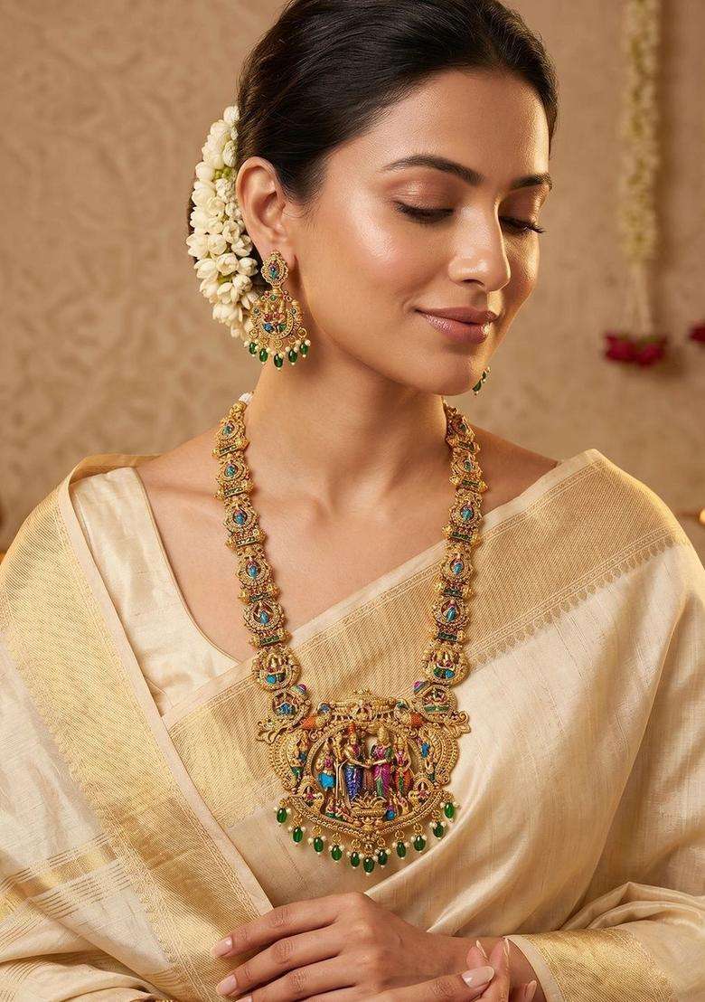 Gold-Plated Temple Beaded Necklace and Earrings with Pearl for Women | Traditional Temple Jewellery for Wedding & Festive Wear | Gift for Her - Indya
