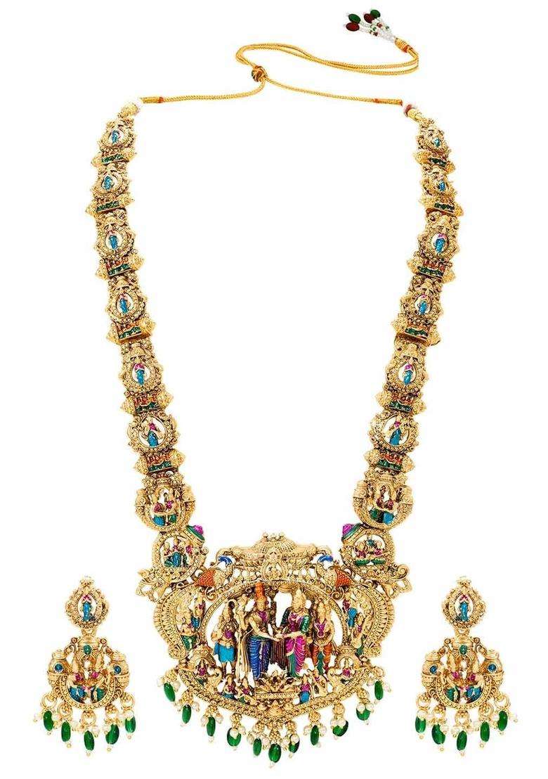 Gold-Plated Temple Beaded Necklace and Earrings with Pearl for Women | Traditional Temple Jewellery for Wedding & Festive Wear | Gift for Her - Indya