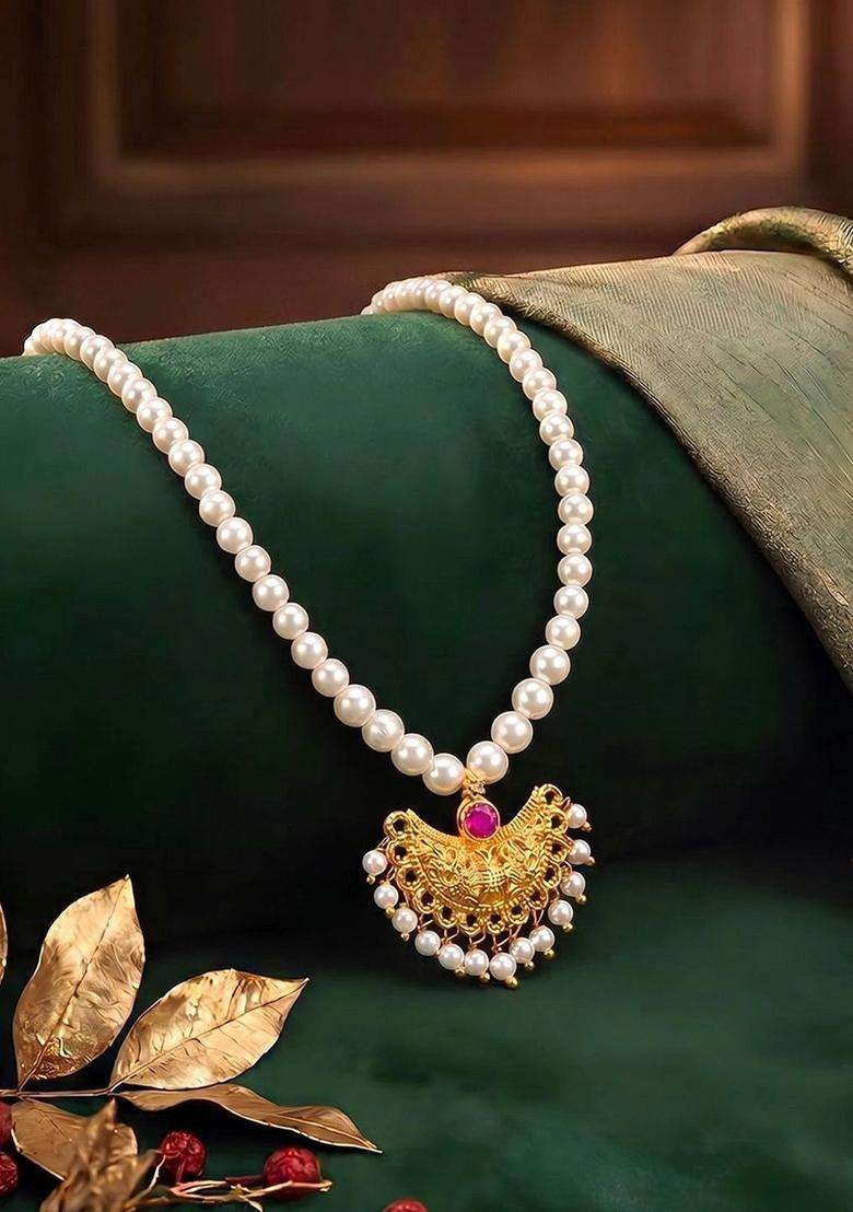 Copper Gold-Plated Temple Necklace with Ruby Stone for Women | Traditional Temple Jewellery for Wedding & Festive Wear | Gift for Her - Indya