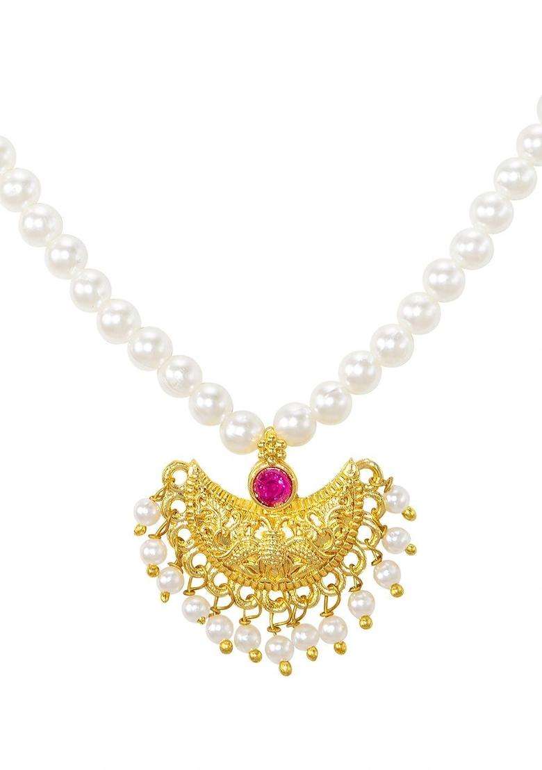 Copper Gold-Plated Temple Necklace with Ruby Stone for Women | Traditional Temple Jewellery for Wedding & Festive Wear | Gift for Her - Indya