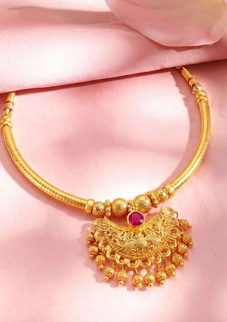 Copper Gold-Plated Temple Necklace with Ruby Stone for Women | Traditional Temple Jewellery for Wedding & Festive Wear | Gift for Her - Indya