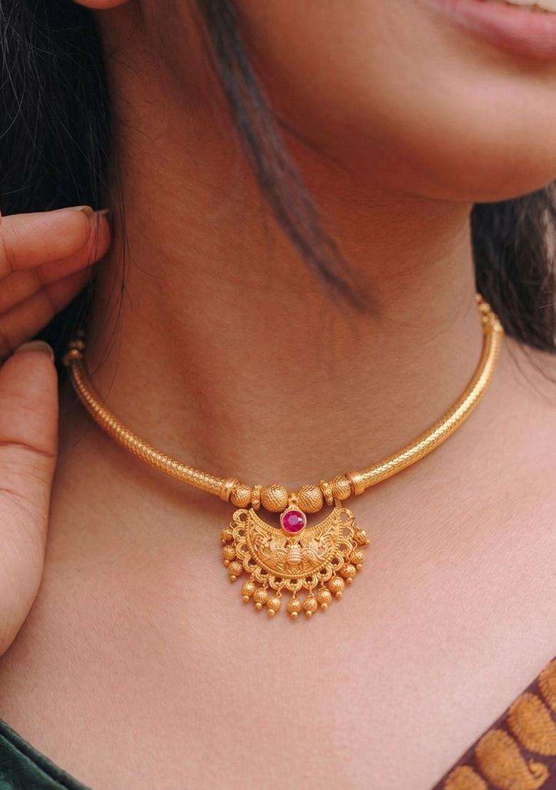 Copper Gold-Plated Temple Necklace with Ruby Stone for Women | Traditional Temple Jewellery for Wedding & Festive Wear | Gift for Her - Indya