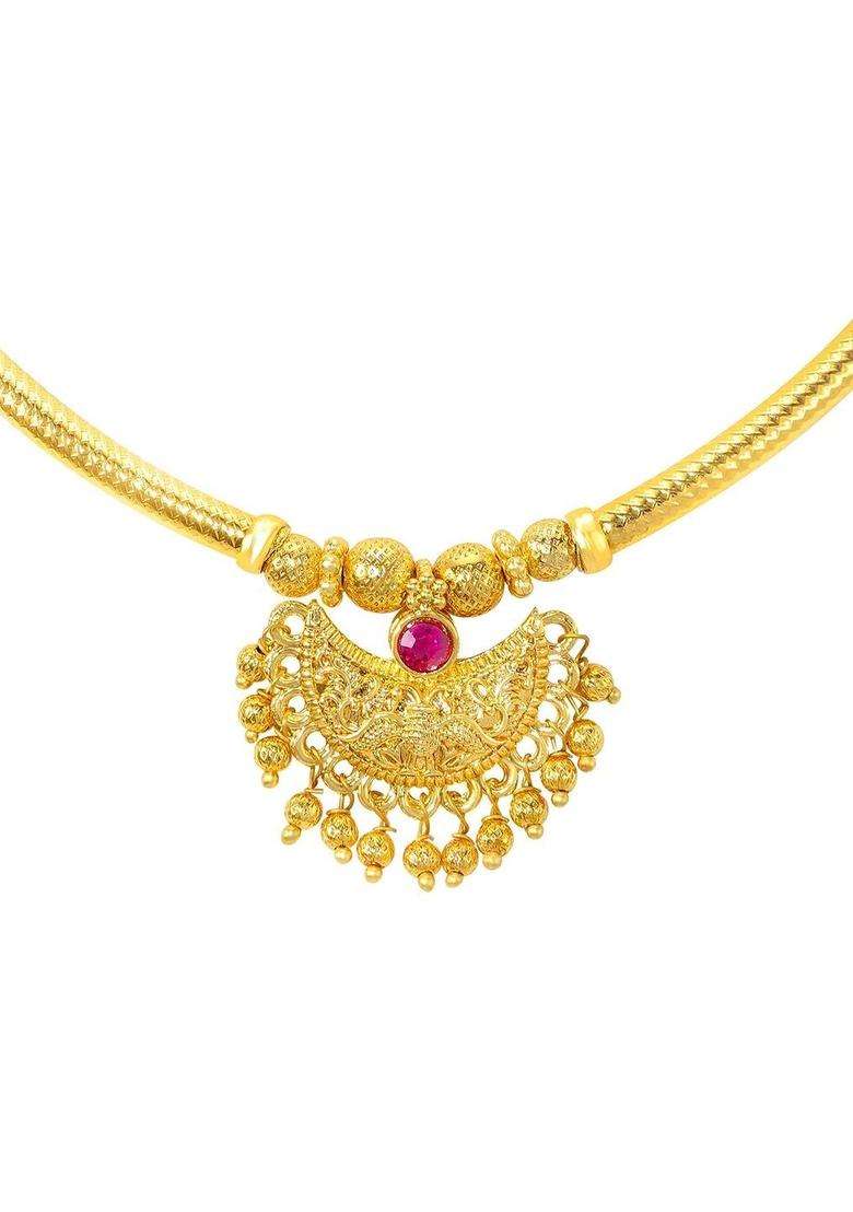 Copper Gold-Plated Temple Necklace with Ruby Stone for Women | Traditional Temple Jewellery for Wedding & Festive Wear | Gift for Her - Indya