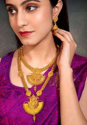 Gold-Plated Temple Choker Long Haram Necklace & Jhumka Earrings Set for Women | Traditional Temple Jewellery for Wedding & Festive Wear | Gift for Her