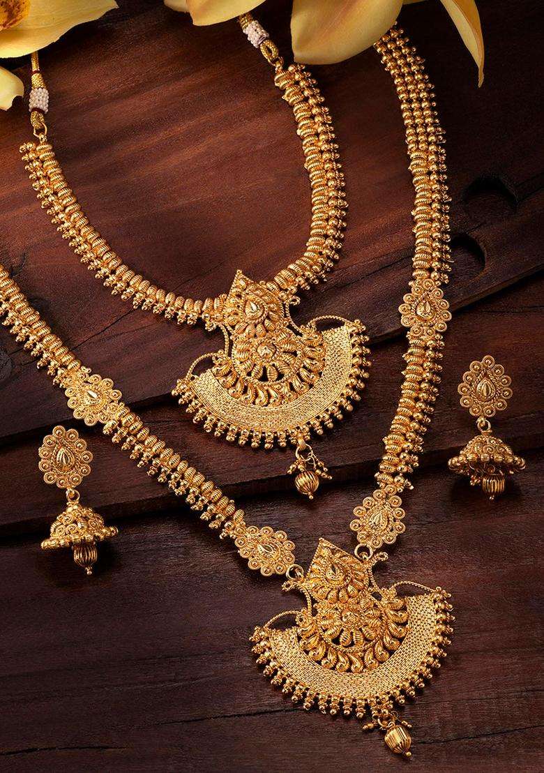 Gold-Plated Temple Choker Long Haram Necklace & Jhumka Earrings Set for Women | Traditional Temple Jewellery for Wedding & Festive Wear | Gift for Her - Indya