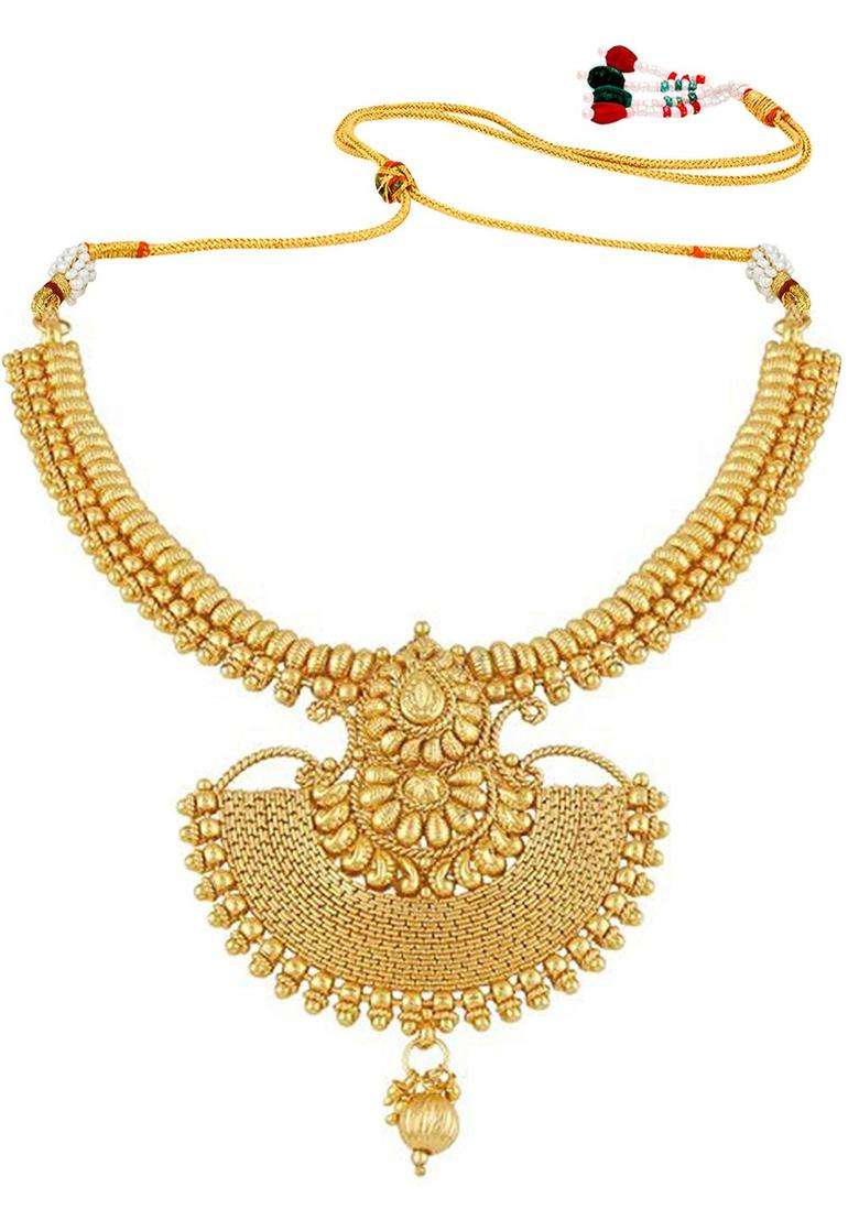 Gold-Plated Temple Choker Long Haram Necklace & Jhumka Earrings Set for Women | Traditional Temple Jewellery for Wedding & Festive Wear | Gift for Her - Indya