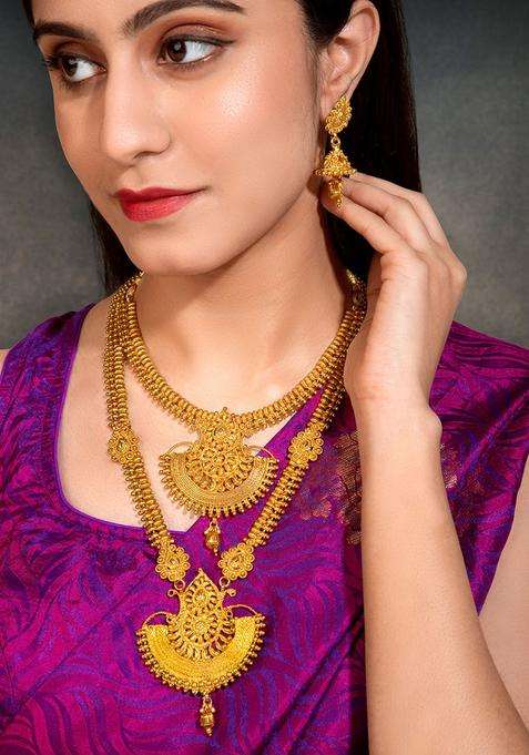 Gold-Plated Temple Choker Long Haram Necklace & Jhumka Earrings Set for Women | Traditional Temple Jewellery for Wedding & Festive Wear | Gift for Her