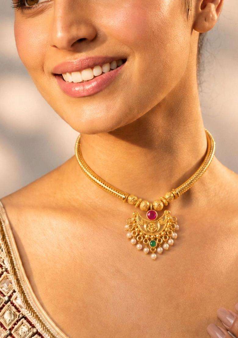 Copper Gold-Plated Temple Necklace with Ruby Stone for Women | Traditional Temple Jewellery for Wedding & Festive Wear | Gift for Her - Indya