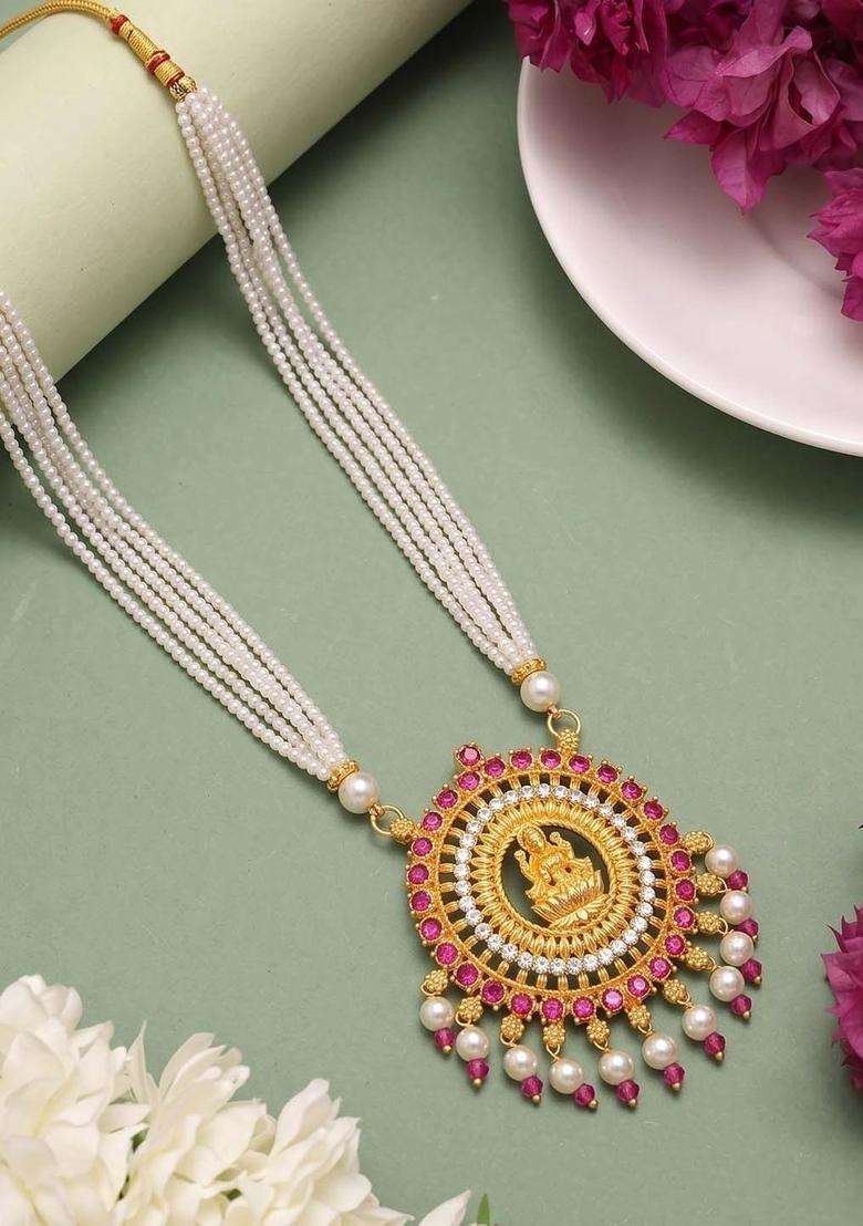 Copper Gold-Plated Temple Necklace with Ruby Stone for Women | Traditional Temple Jewellery for Wedding & Festive Wear | Gift for Her - Indya