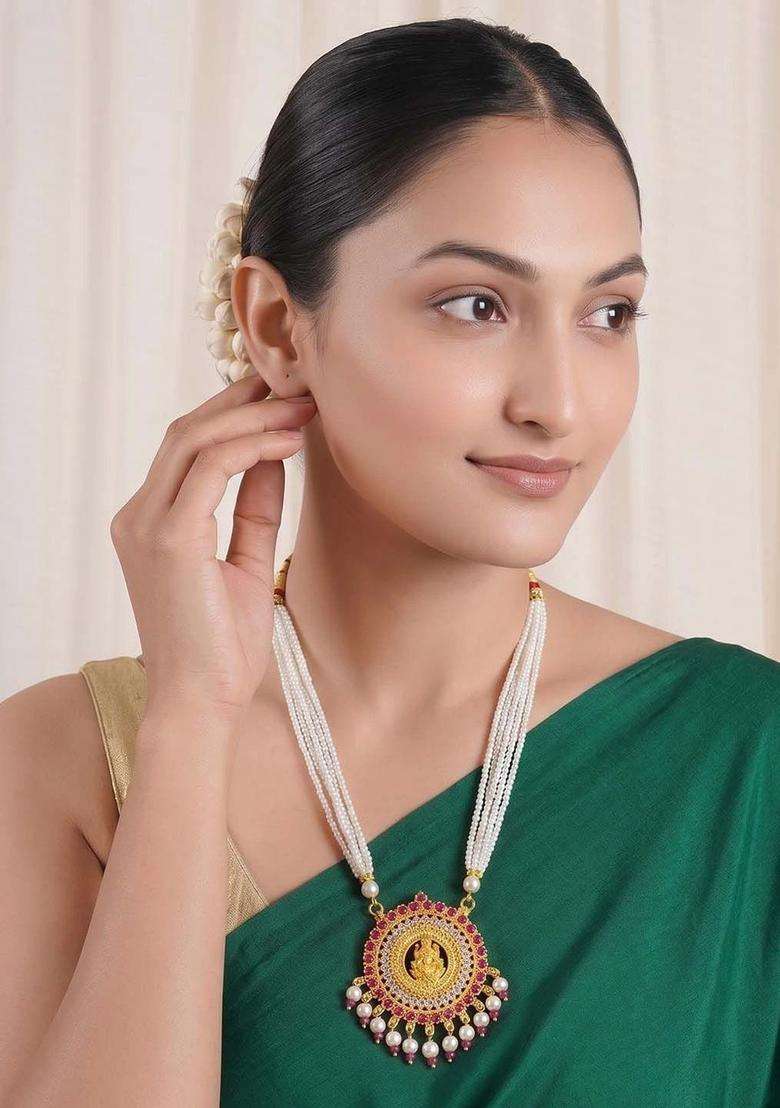 Copper Gold-Plated Temple Necklace with Ruby Stone for Women | Traditional Temple Jewellery for Wedding & Festive Wear | Gift for Her - Indya